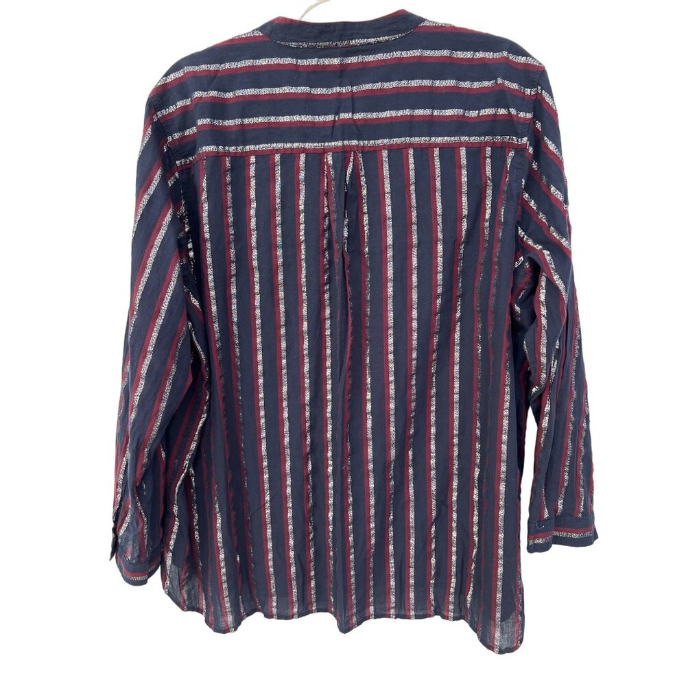 J Crew Metallic Stripe Popover Tunic Shirt Womens 16 Navy Cotton Blend Preppy - Picture 3 of 11